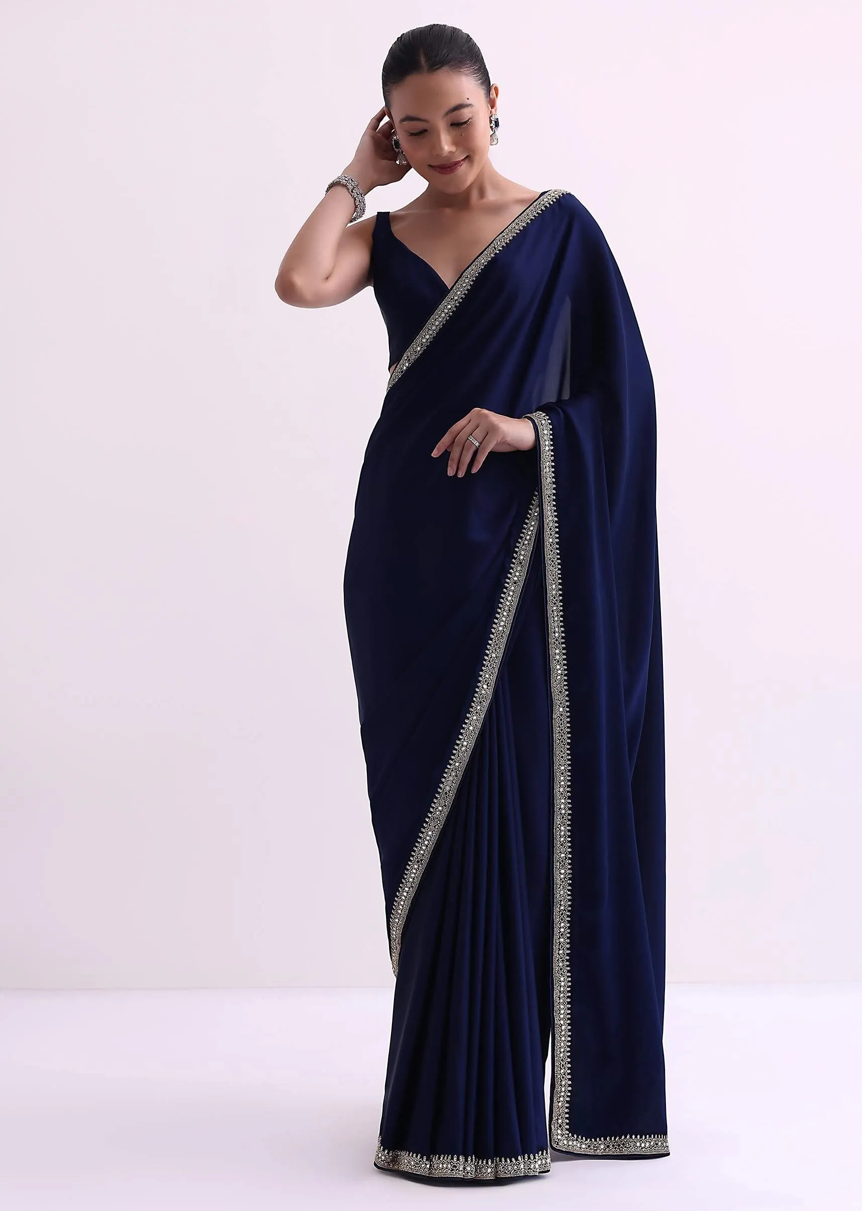 Navy Blue Satin Saree With Mirror Work And Unstitched Blouse Fabric-