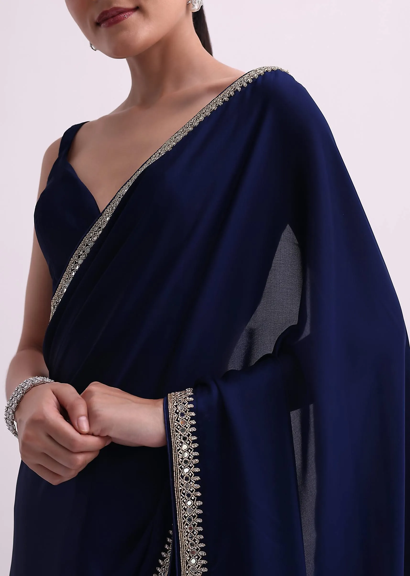 Navy Blue Satin Saree With Mirror Work And Unstitched Blouse Fabric-