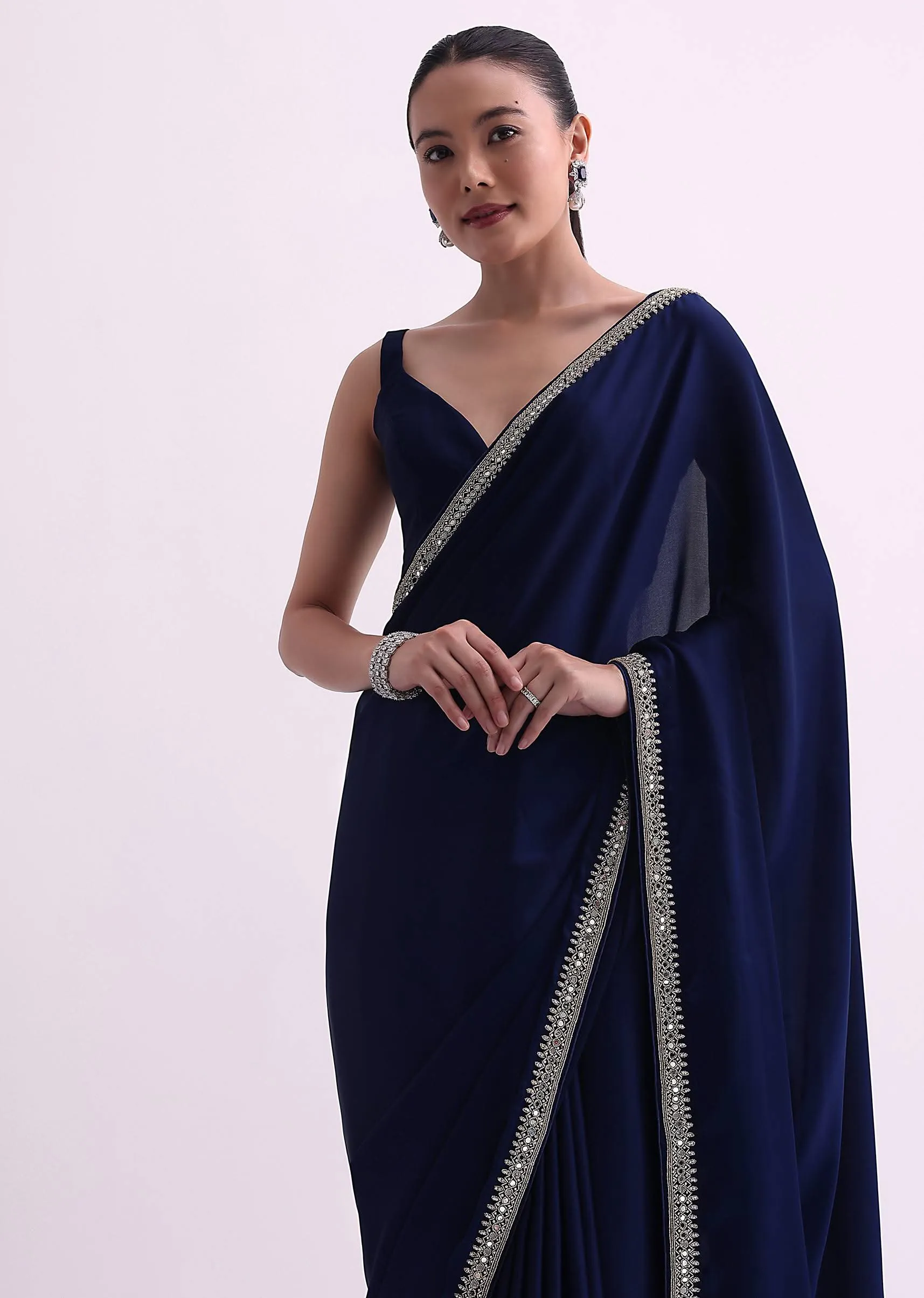 Navy Blue Satin Saree With Mirror Work And Unstitched Blouse Fabric-