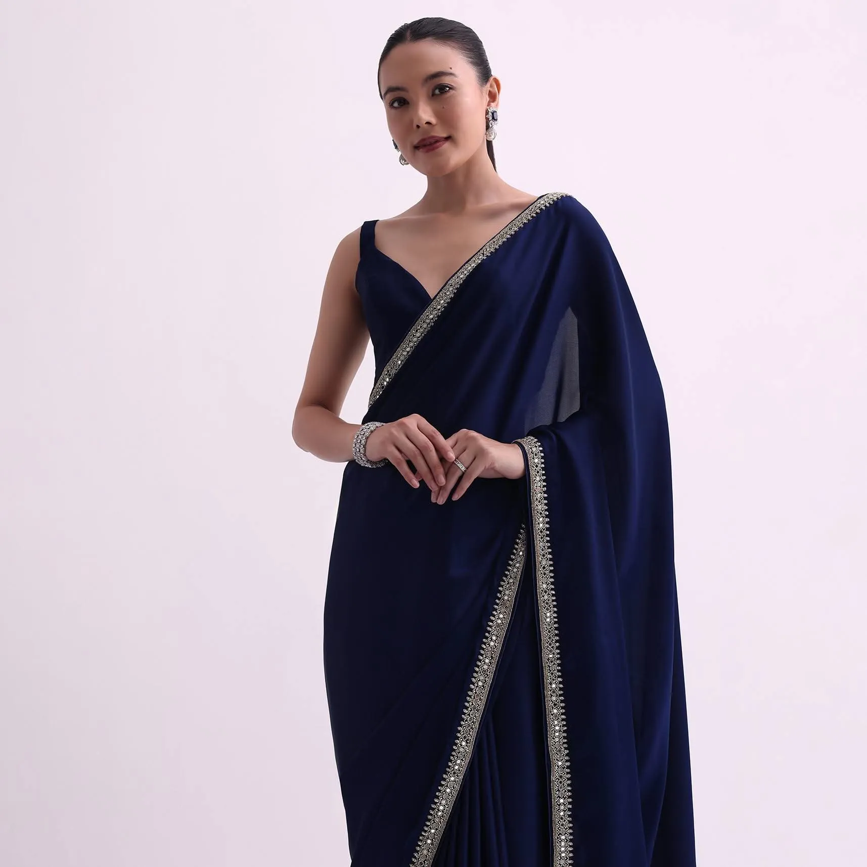 Navy Blue Satin Saree With Mirror Work And Unstitched Blouse Fabric-