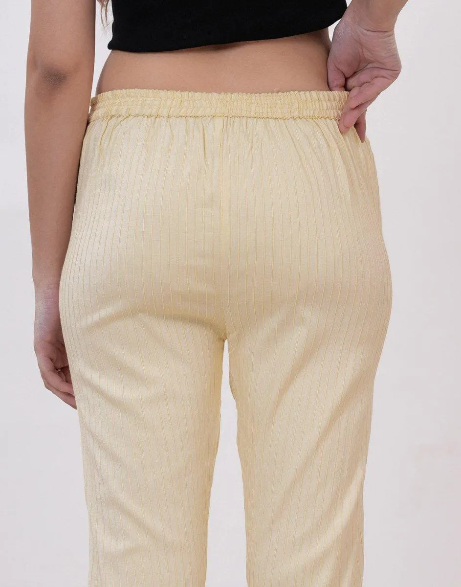 Satrangi Women's Cream Viscose Ribbed Lycra Trouser