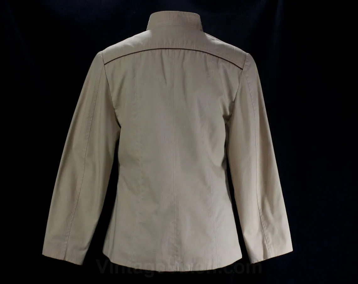 Size 6 Khaki Jacket - 1970s Casual Chic - Sophisticated Windbreaker - 70s Tan Cotton - Chocolate Brown Leather Piping - Bust 35.5 - 46805