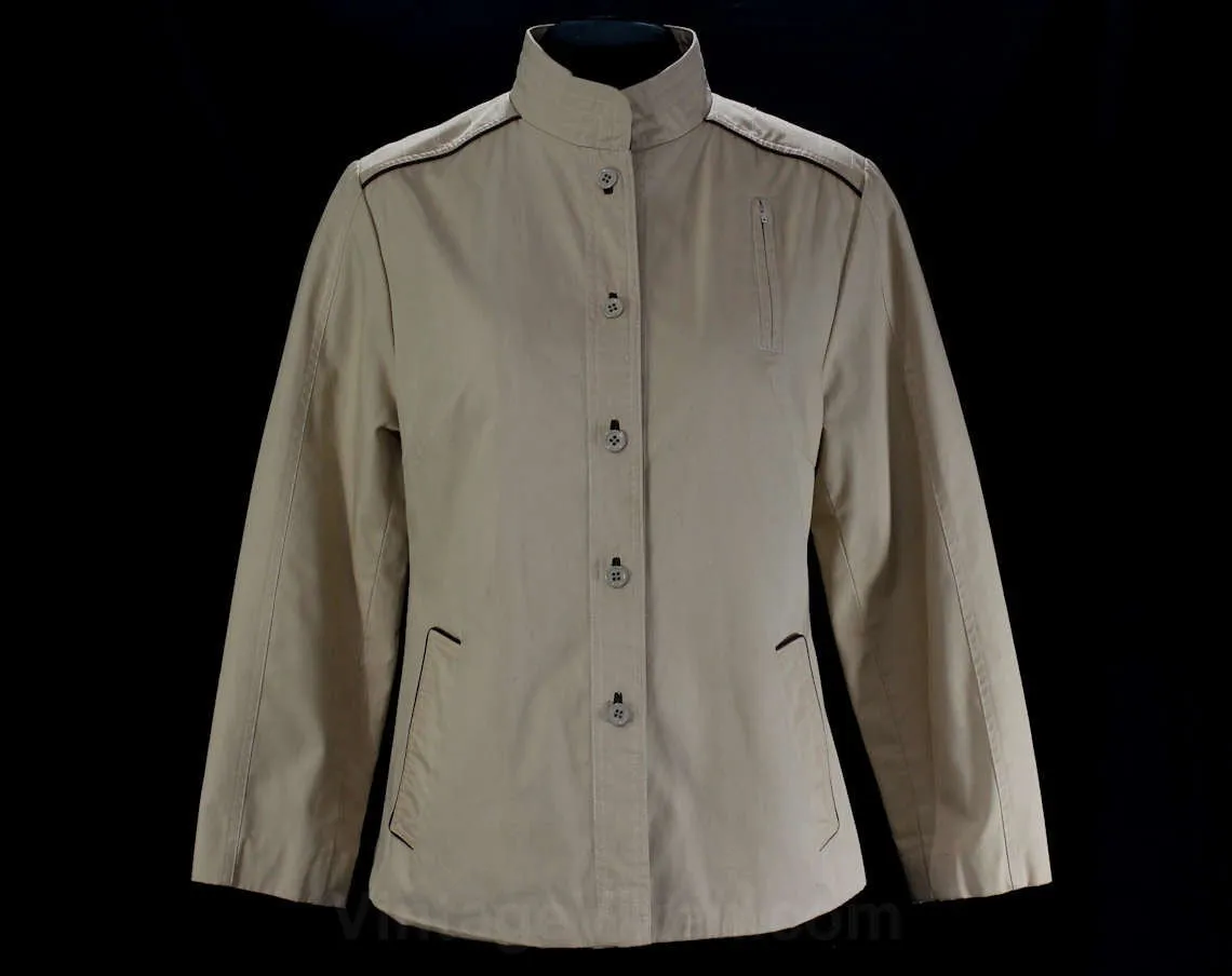 Size 6 Khaki Jacket - 1970s Casual Chic - Sophisticated Windbreaker - 70s Tan Cotton - Chocolate Brown Leather Piping - Bust 35.5 - 46805