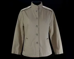 Size 6 Khaki Jacket - 1970s Casual Chic - Sophisticated Windbreaker - 70s Tan Cotton - Chocolate Brown Leather Piping - Bust 35.5 - 46805
