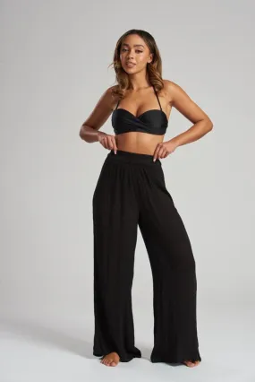 South Beach Black Crinkle Wide Leg Trousers