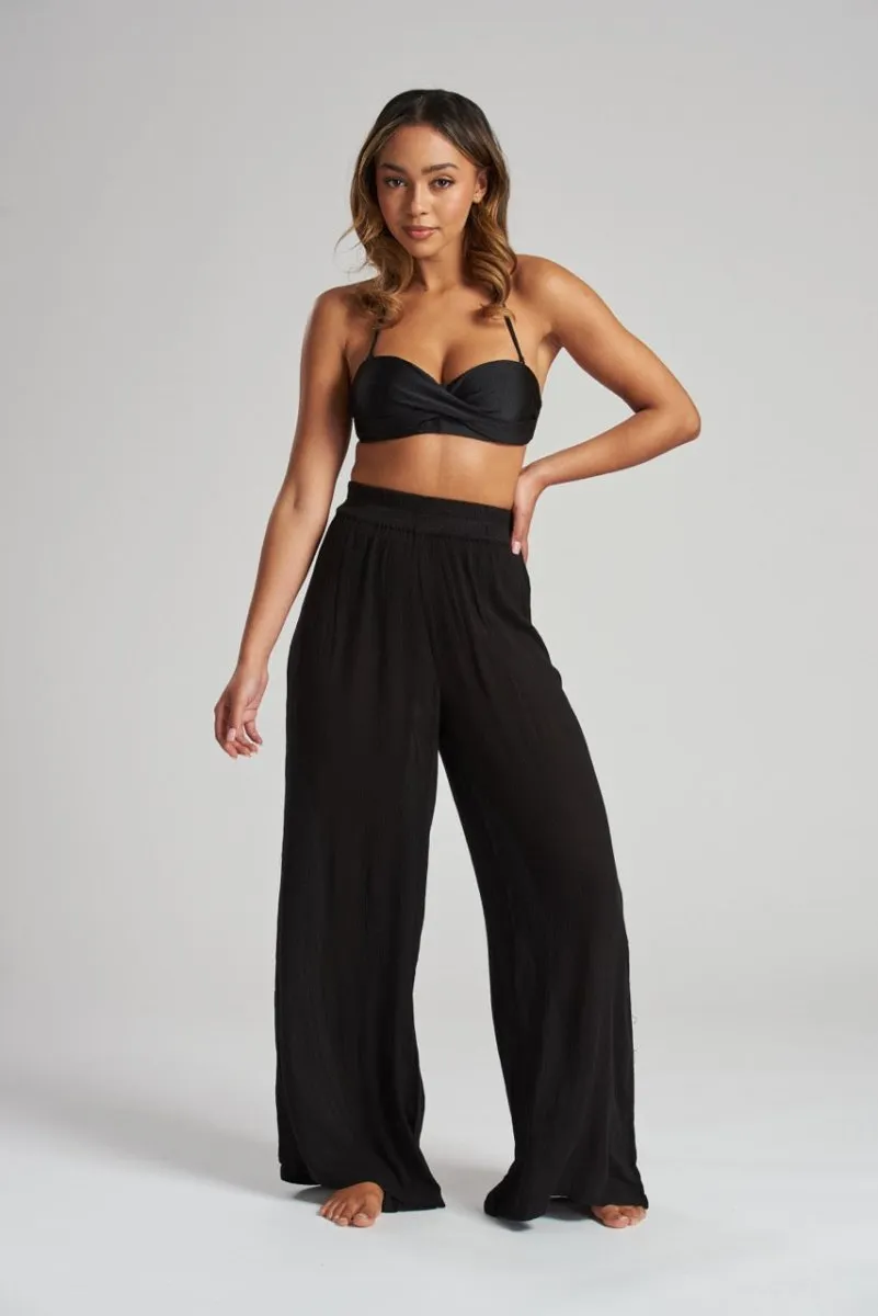 South Beach Black Crinkle Wide Leg Trousers