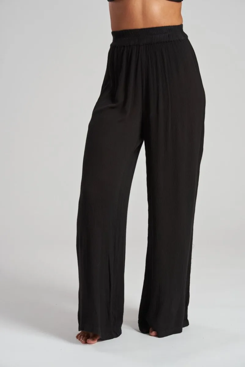 South Beach Black Crinkle Wide Leg Trousers