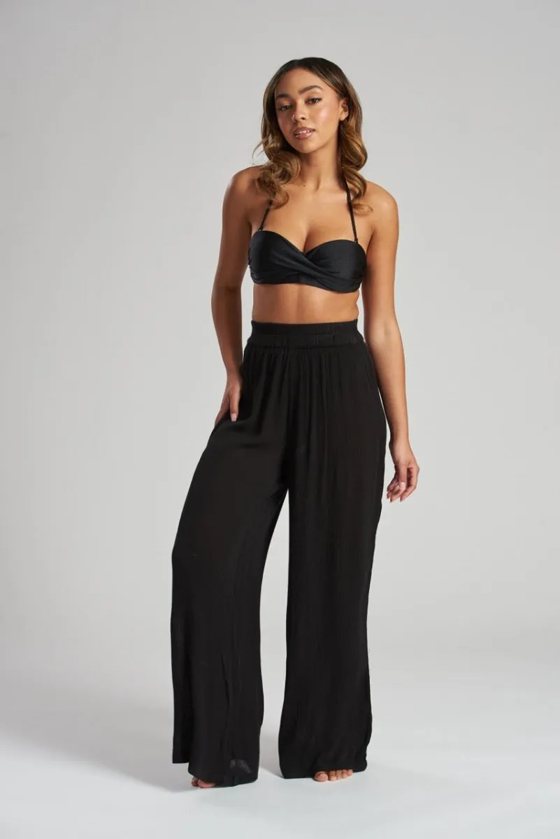 South Beach Black Crinkle Wide Leg Trousers
