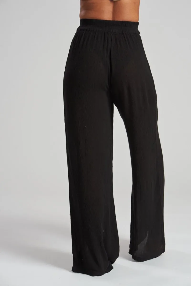 South Beach Black Crinkle Wide Leg Trousers
