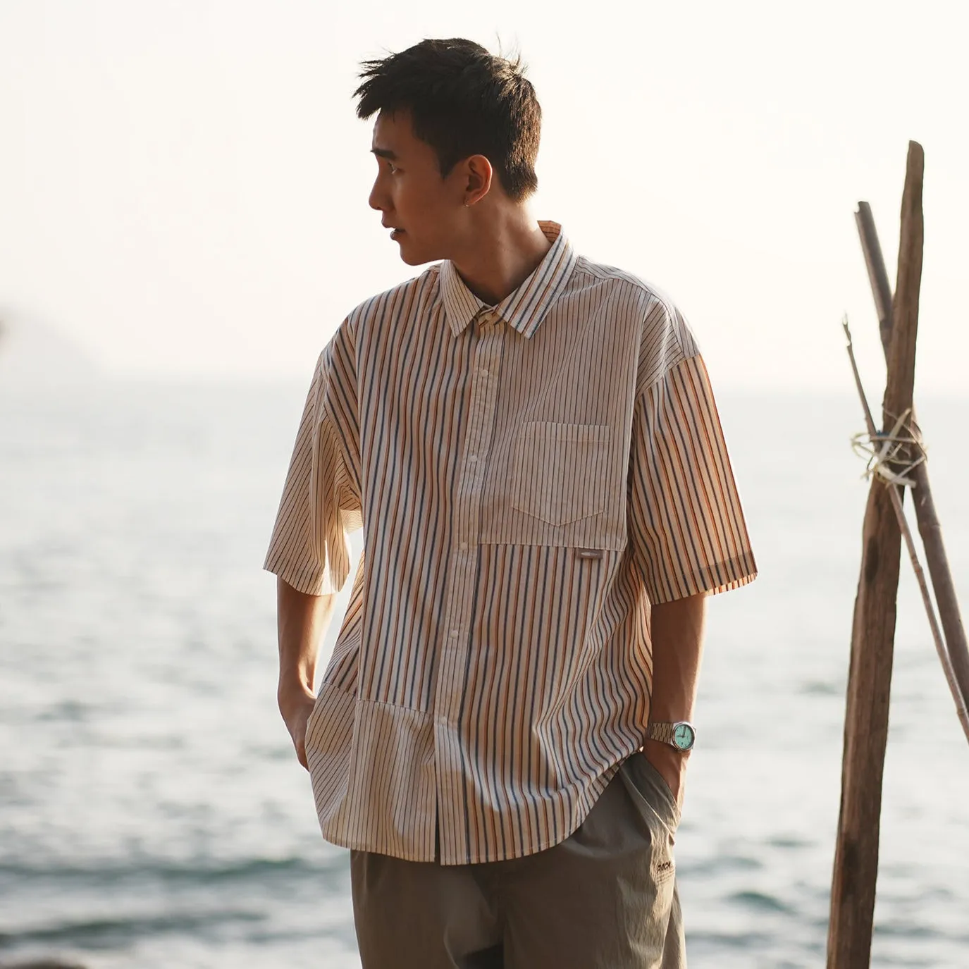 (ST451) Stripe Patchwork Short Sleeve Shirt