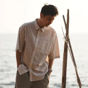 (ST451) Stripe Patchwork Short Sleeve Shirt