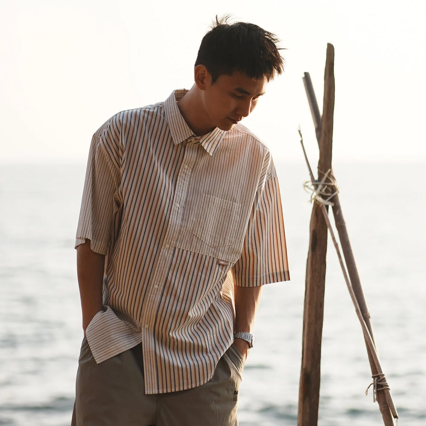 (ST451) Stripe Patchwork Short Sleeve Shirt