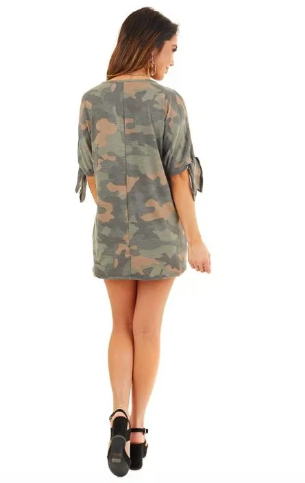 Twist Front Camo Cold Shoulder Tee