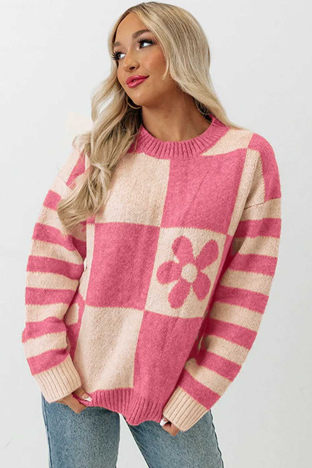 Women's Checkered Floral Print Striped Sleeve Sweater Pullover