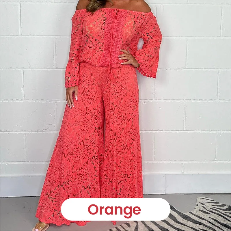 Women's two-piece set: lace top   wide-leg trousers