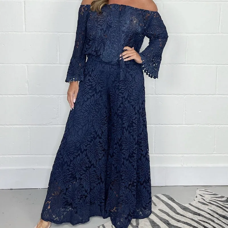 Women's two-piece set: lace top   wide-leg trousers