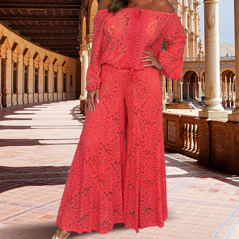 Women's two-piece set: lace top   wide-leg trousers