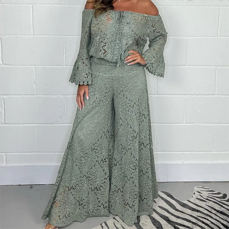 Women's two-piece set: lace top   wide-leg trousers