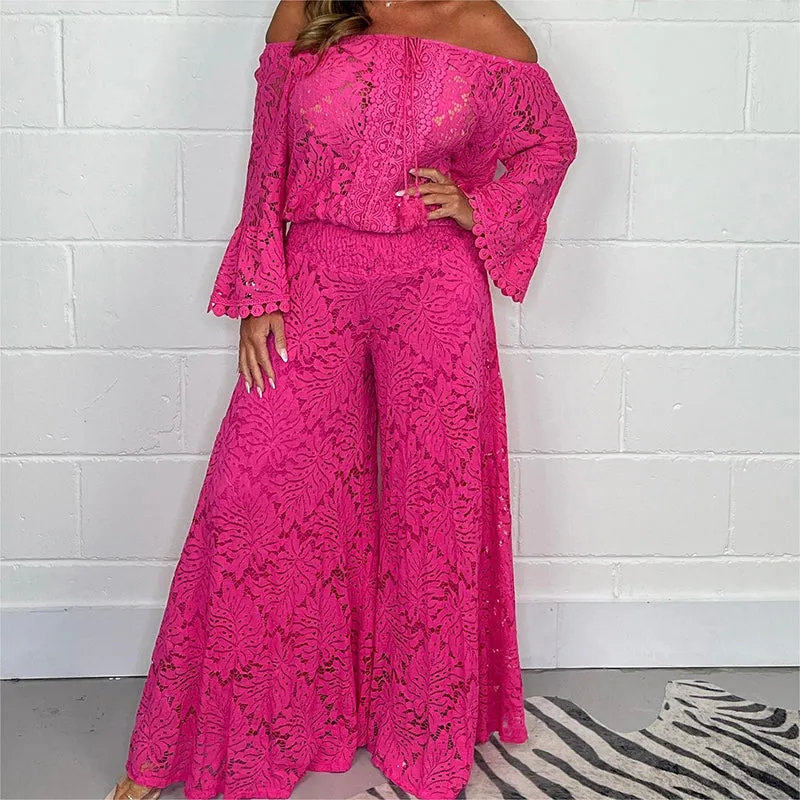 Women's two-piece set: lace top   wide-leg trousers